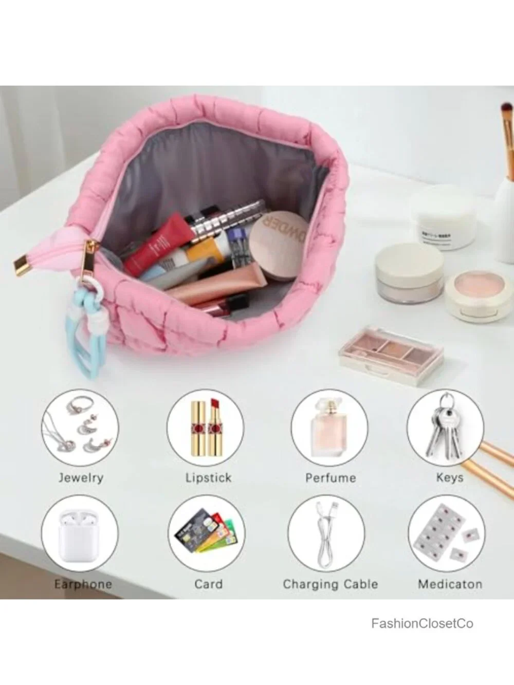 Quilted Puffer Makeup Bag with Detachable Wrist Strap, Travel Toiletry